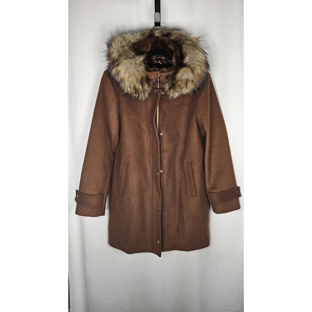 Nine West Hooded Faux Fur Trim Wool Blend Peacoat Size XL Brown Long Jacket